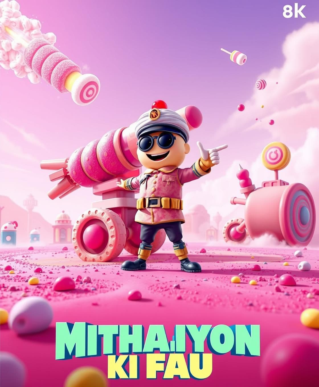 AI generated: Bright and colorful cartoon poster style, pink candy battlefield background, giant candy missile launcher made of cupcakes and jelly, donut soldier posing hero style, cupcake capta