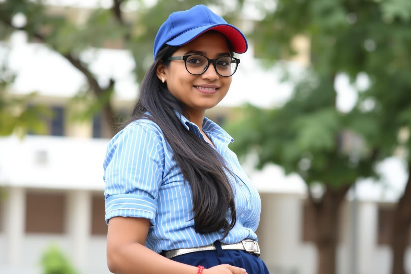 AI generated: A young woman, likely in her early twenties, of Indian descent, is positioned slightly off-center in the frame, facing the viewer with a subtle smile. She wears a blue and red base