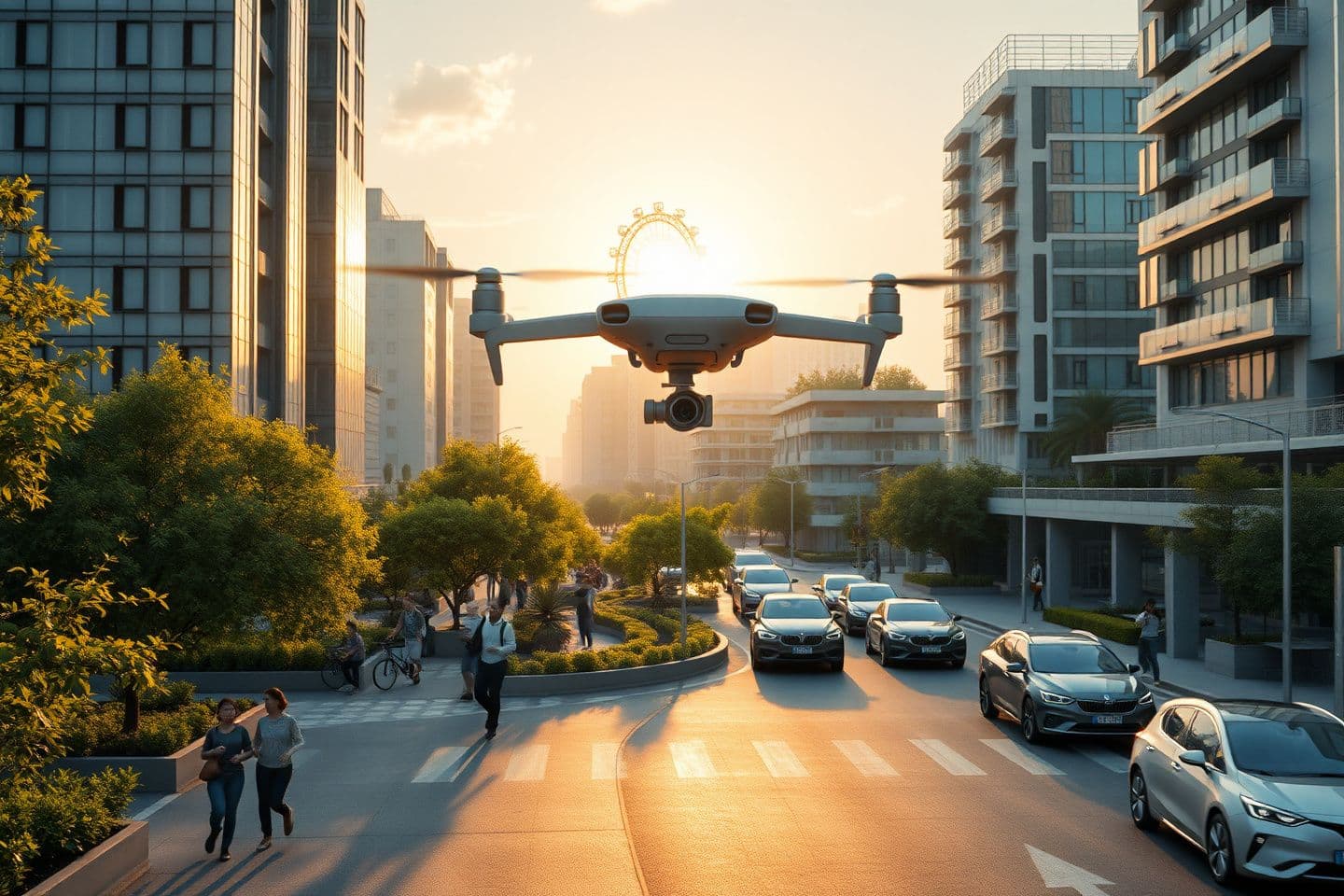 AI generated: Ultra realistic futuristic smart city morning, slow aerial drone fly-through, autonomous cars moving smoothly on roads, people walking wearing AR glasses, trees gently swaying in w