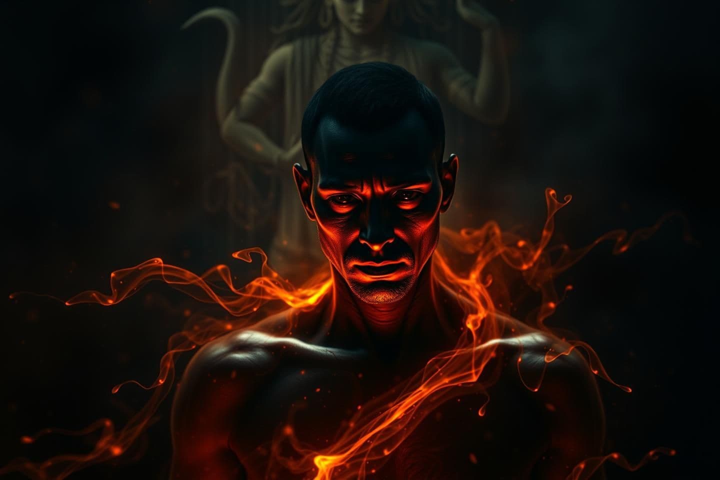 AI generated: Show a human surrounded by swirling dark energy, invisible force subtly pulling his shadow, faint black veins spreading across skin, eyes reflecting dim ember glow, environment war