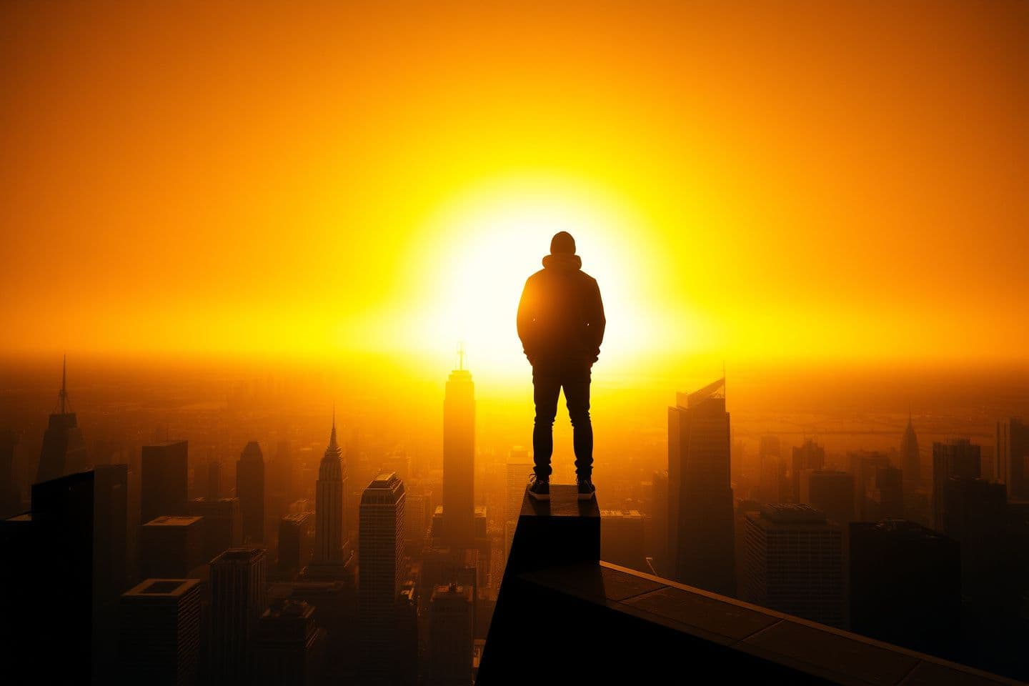 AI generated: "Epic silhouette of a rapper standing on the edge of a tall skyscraper roof. He is looking out at a massive, blindingly bright golden sunrise breaking over a modern city skyline. T