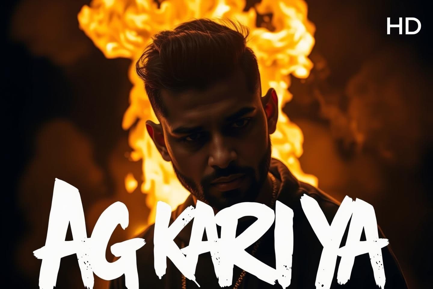 AI generated: Indian rapper standing in front of huge flames, close-up face with intense expression, cinematic golden-orange fire behind, sharp rim light, dramatic smoke, gritty atmosphere, blac