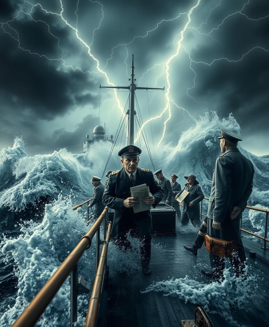 AI generated: A stormy sea scene with a 1940s military ship (the Belvaria) being hit by huge waves. Lightning flashes across dark, swirling clouds. Captain Adrian is shown on deck, looking tense