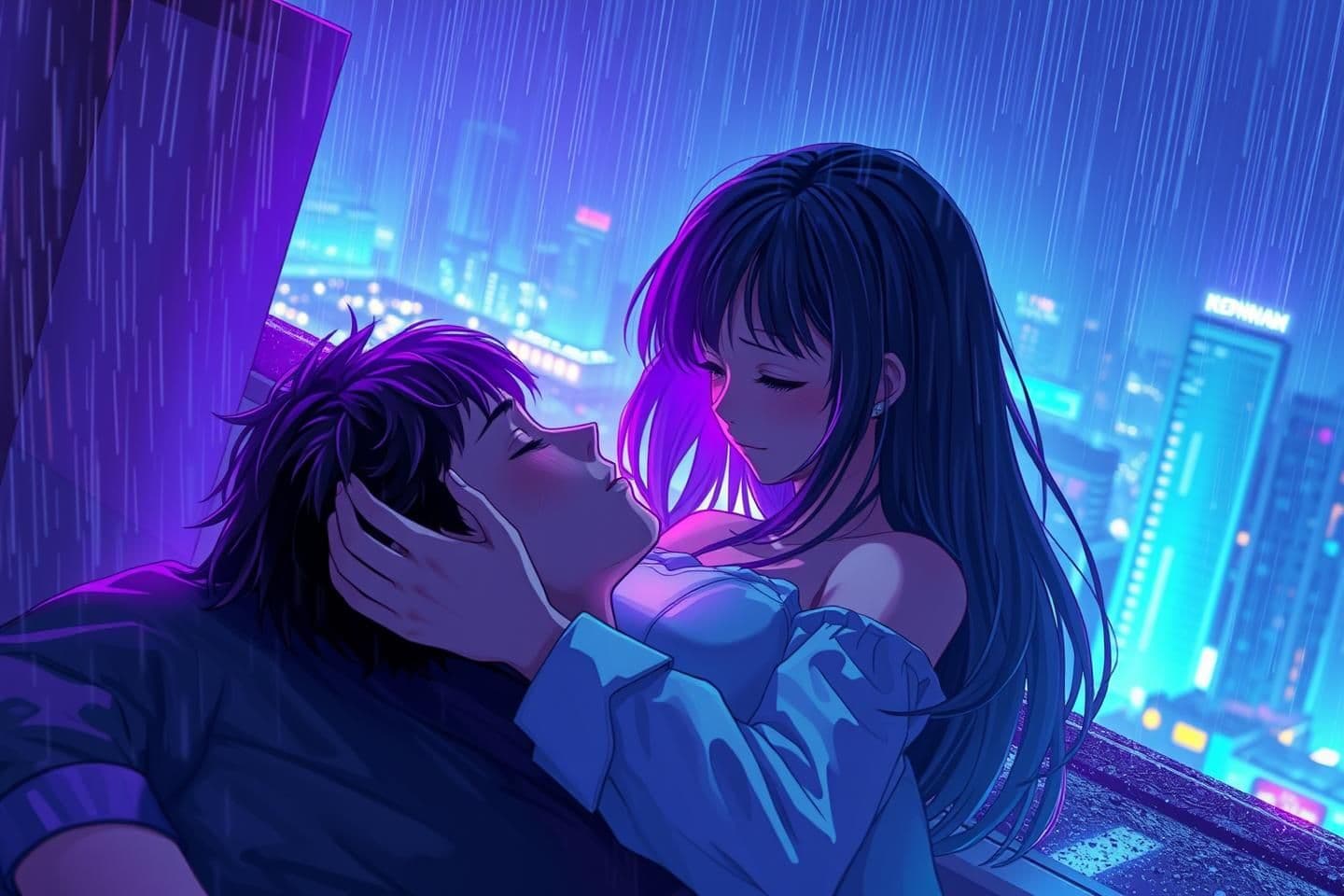 AI generated: Ultra-realistic cinematic anime art of a girl and a man on a rainy cyberpunk rooftop.
The man lies with his head in her lap, both gazing into each other's eyes under falling neon r