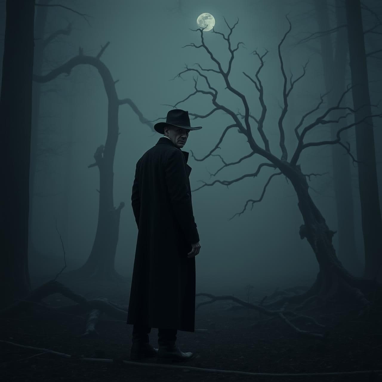 AI generated: A mysterious, terrifying man in a long black coat and black cowboy hat, standing far away beside a dead tree in a foggy, abandoned forest. He faces forward with an eerie, unsettlin