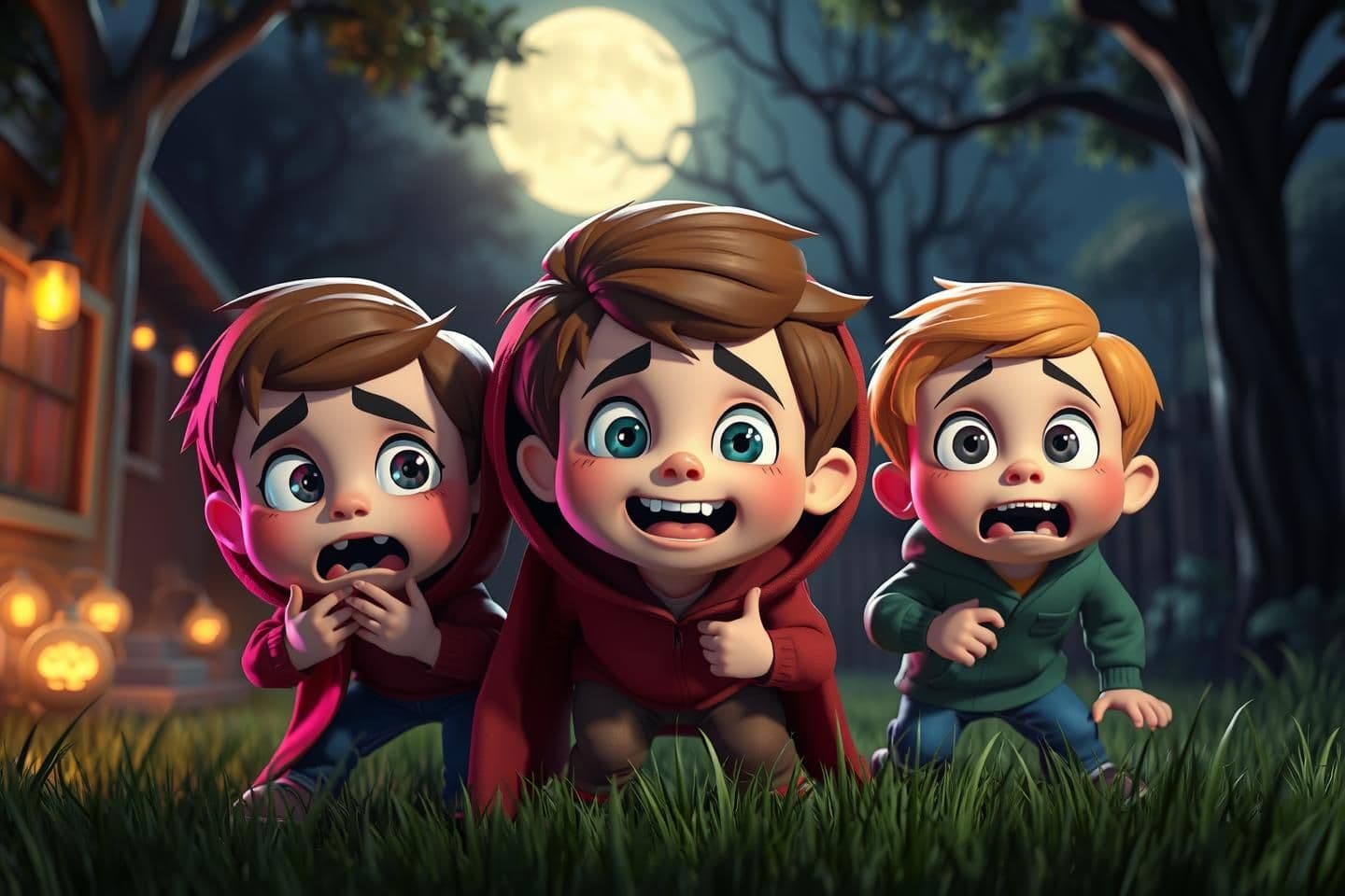 AI generated: Three kids playing hide and seek at night in a funny horror scene, traditional cartoon style with 3D look, each kid with a different unique face and expression, one scared, one lau
