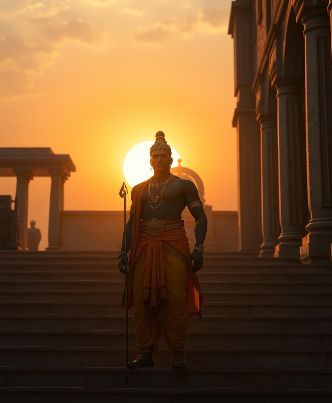 AI generated: A solemn Lord Rama standing alone on the steps of an ancient palace at dusk, soft golden light behind him, calm but emotional eyes looking toward a distant horizon. His bow resting