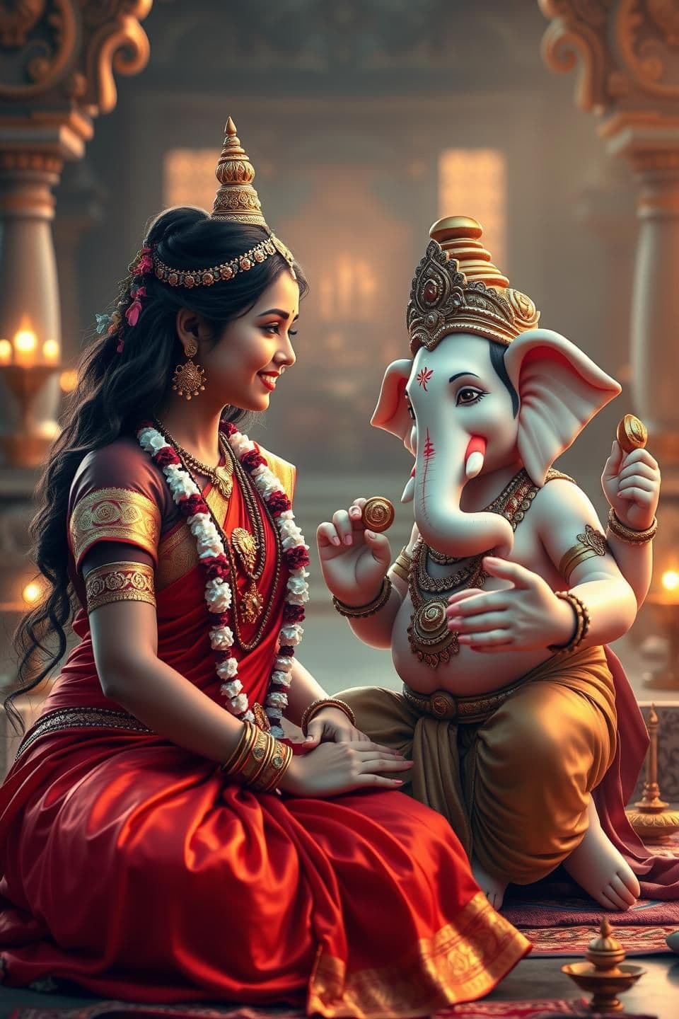 AI generated: 9:16 realistic image in vertical portrait ratio depicting goddess Parvati and young Lord Ganesha sitting face to face in a divine setting. Parvati is adorned in traditional red sar