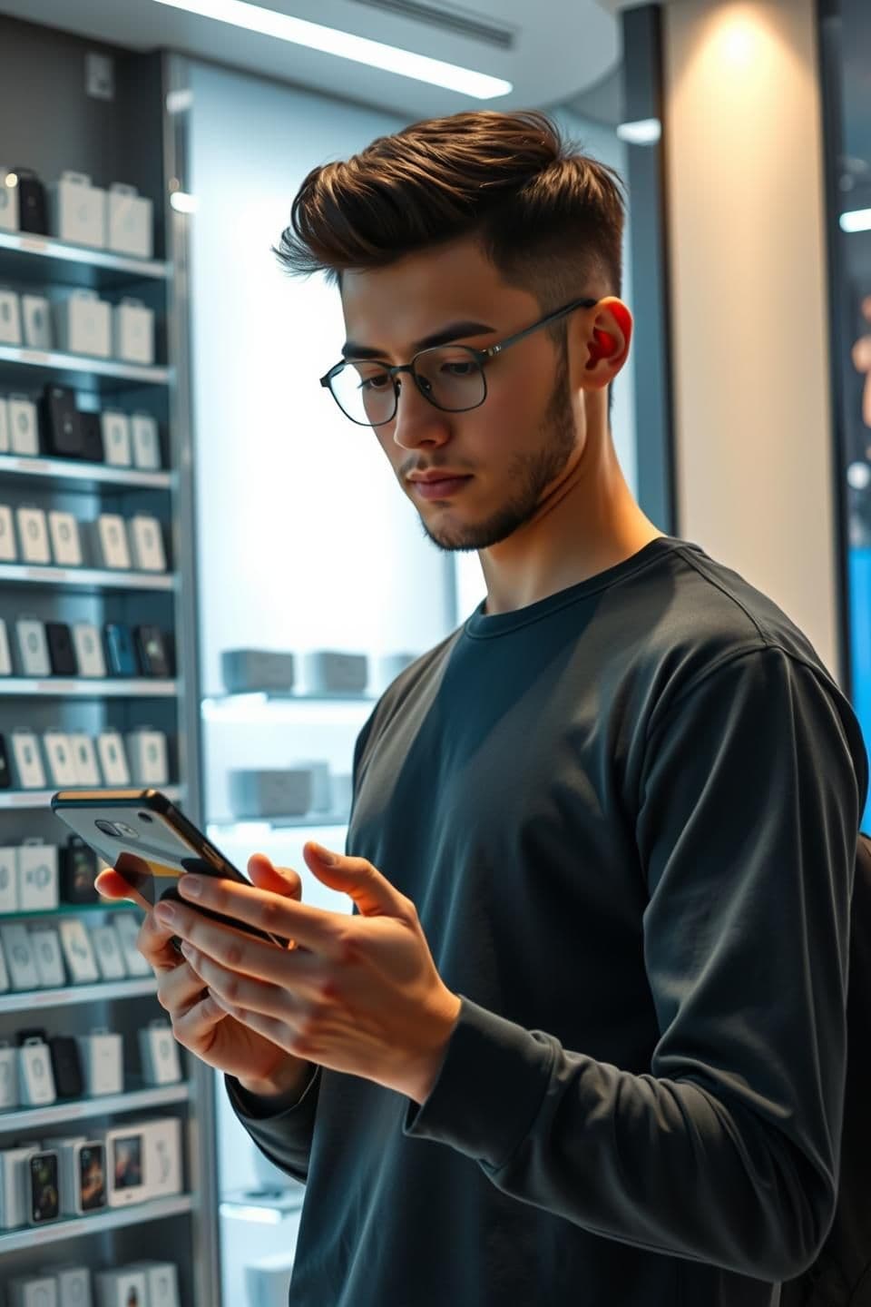 AI generated: "A 22-25 year old young man standing straight inside a modern mobile phone store, holding a sleek smartphone in both hands and attentively examining it, he slowly rotates the phone