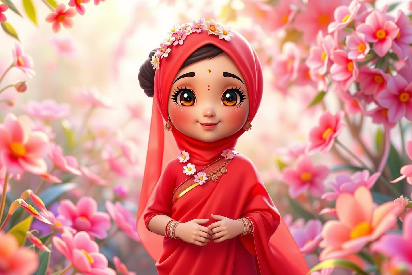 AI generated: A super cute kids-anime-style 3D scene in a bright colorful flower garden. Soft pastel colors, glowing flowers, gentle breeze, and dreamy anime atmosphere. In the center stands a s