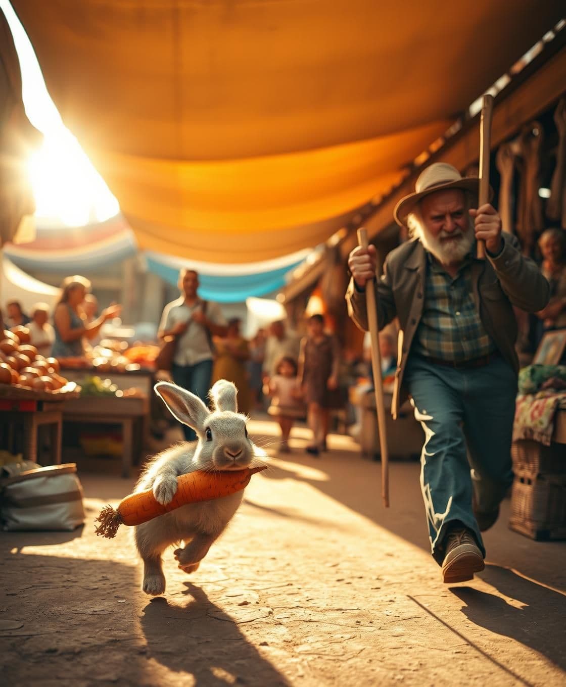 AI generated: charming, cinematic photograph capturing a humorous chase scene in a bustling, sun-drenched outdoor bazaar. A tiny, fluffy baby rabbit zooms in the foreground, clutching a large st