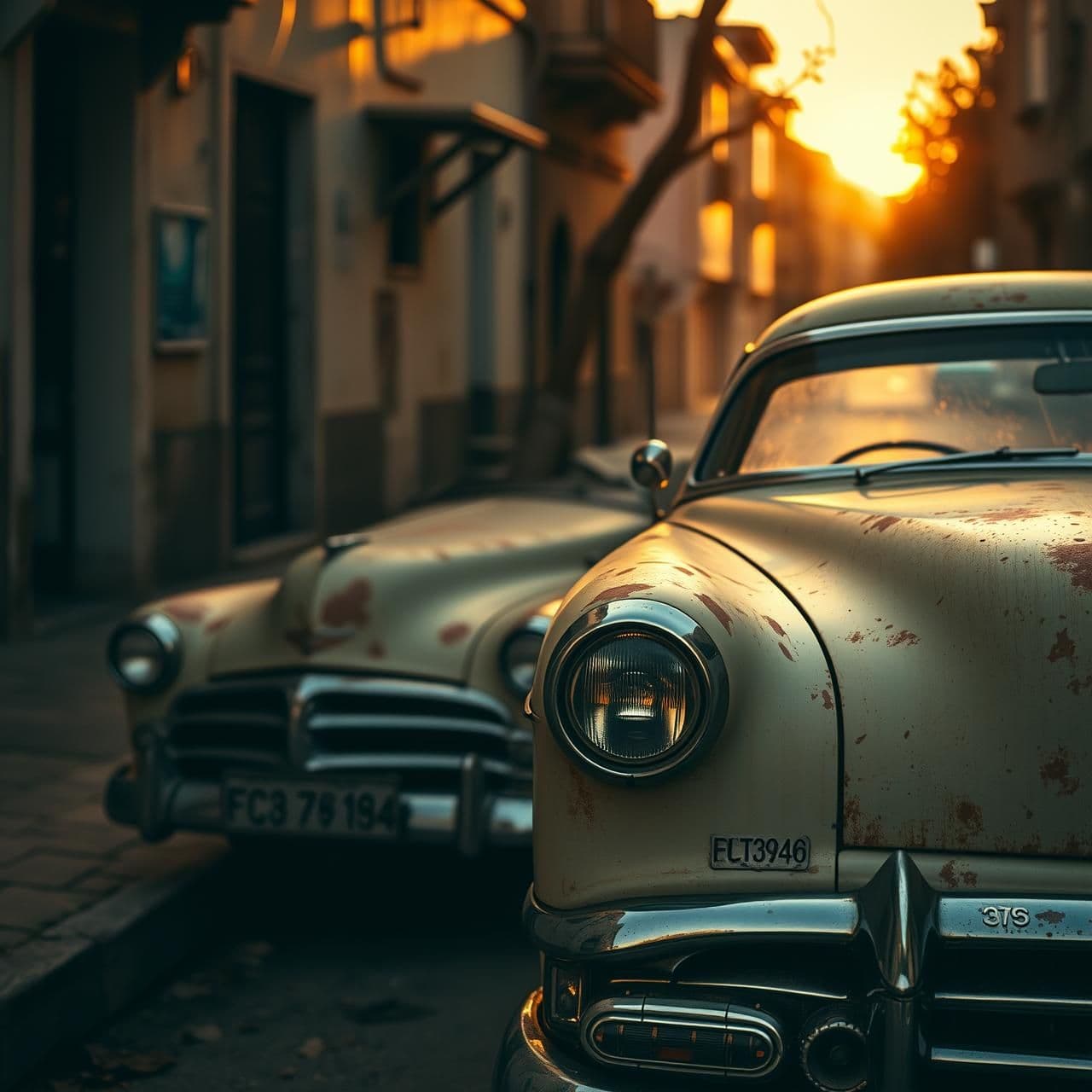 AI generated: “A beautifully aged vintage car parked on a quiet old street, faded paint, light rust texture, chrome details shining softly, nostalgic 1950s vibe, warm golden-hour sunlight, cinem