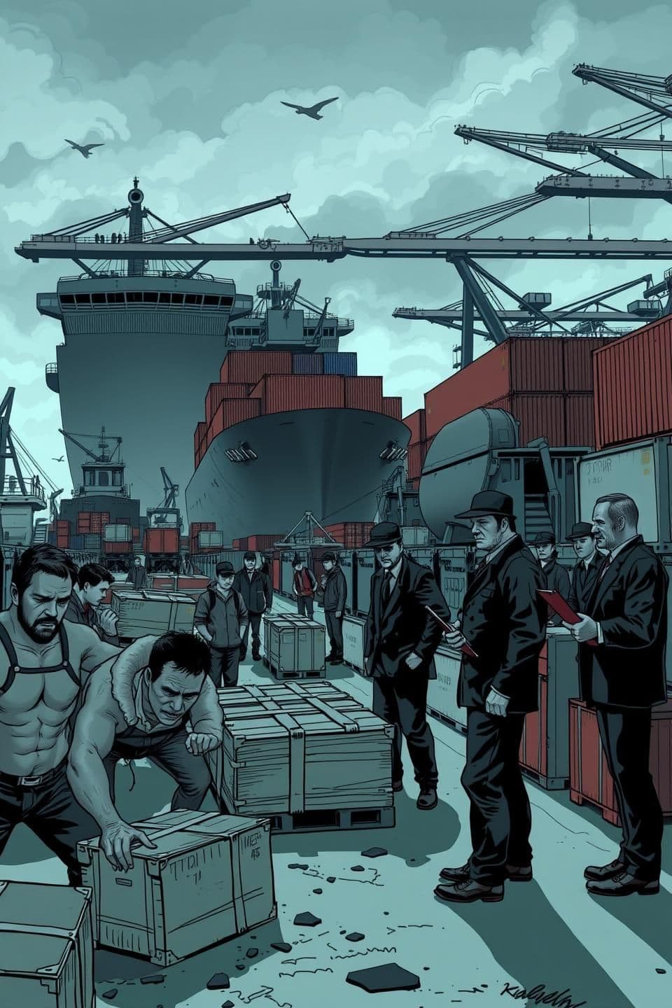 AI generated: A tense and gritty comic-style scene set at a bustling harbor dock. The illustration shows workers unloading crates from ships while supervisors stand by, barking orders. The worke