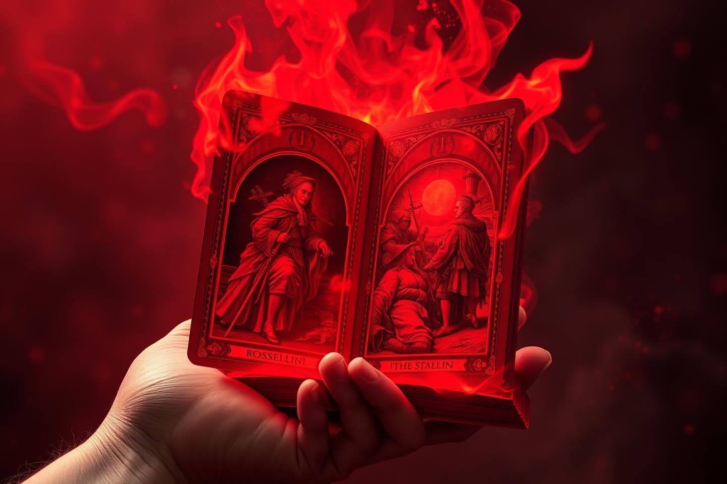 AI generated: Klein infusing spirituality into a glowing blood-red tarot card, card unfolding into a floating crimson book showing shifting Roselle portraits, warped historical scenes burning in