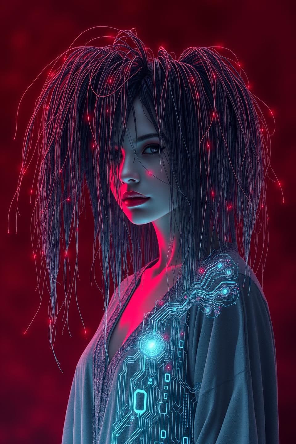 AI generated: mystical fashion female model, A professional digital for a profile image, showing a weeping willow tree whose long, flowing branches subtly transform into computer circuits, elec