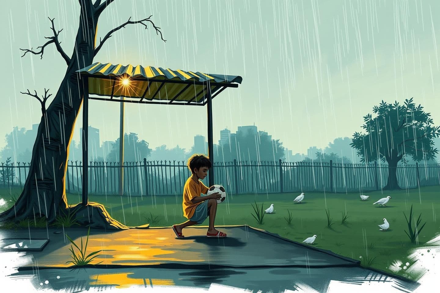 AI generated: IMPORTANT: Generate with all text in Hindi script only. Every evening, at a corner amidst the city's glittering streets, children played football. On that same field-like footpath,