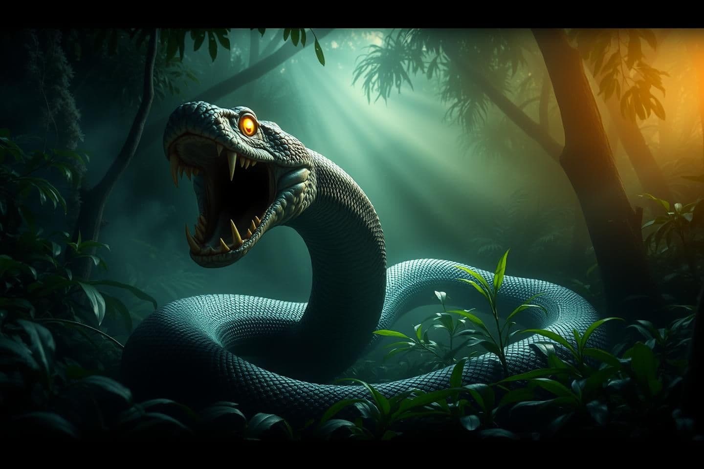 AI generated: Dense dark jungle filled with thick green plants and fog. A full-length dangerous snake completely visible from head to tail, positioned in the jungle. The snake has its mouth wide