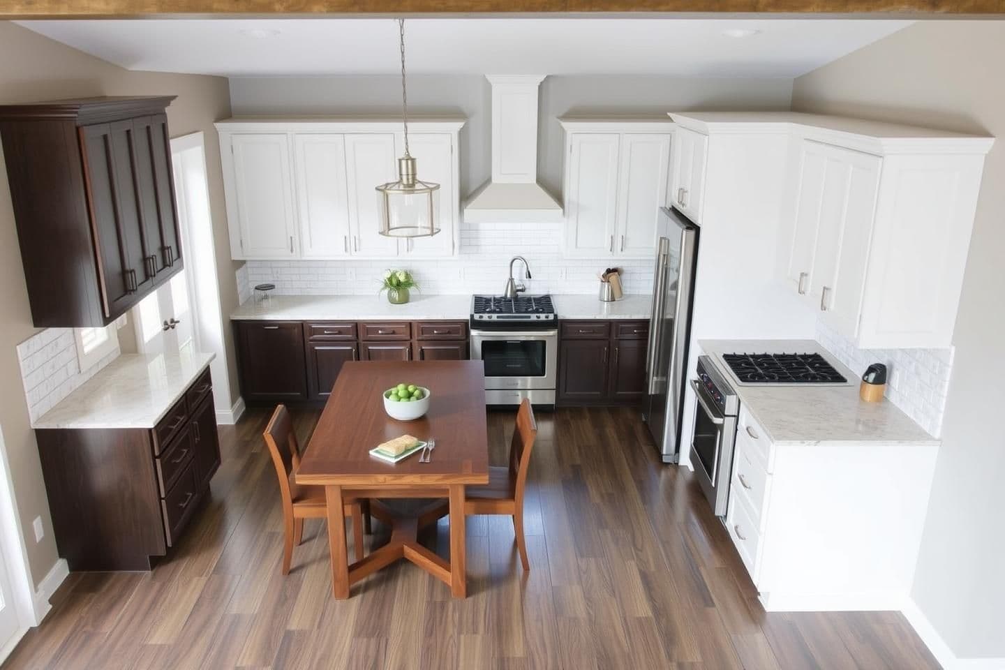 AI generated: L-shaped layout for 17x12.5dimensions with countertop, slabs, cabinets and closets
Description: This layout uses two adjacent walls, leaving the other two walls open for a dining