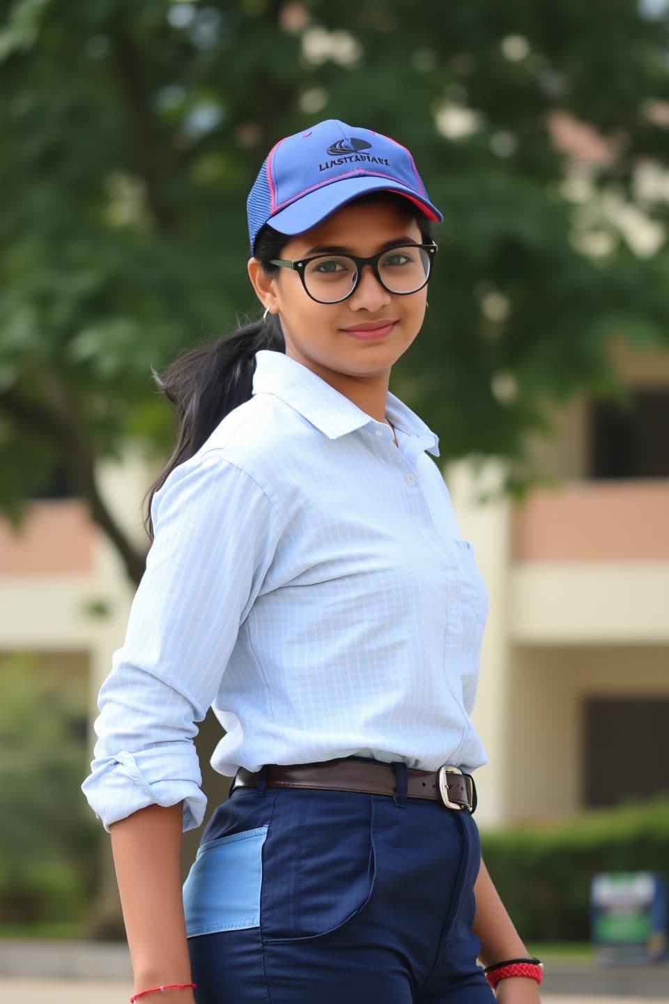 AI generated: A young woman, likely in her early eighteens , of Indian descent, is positioned slightly off-center in the frame, facing the viewer with a subtle smile. She is looking directly int