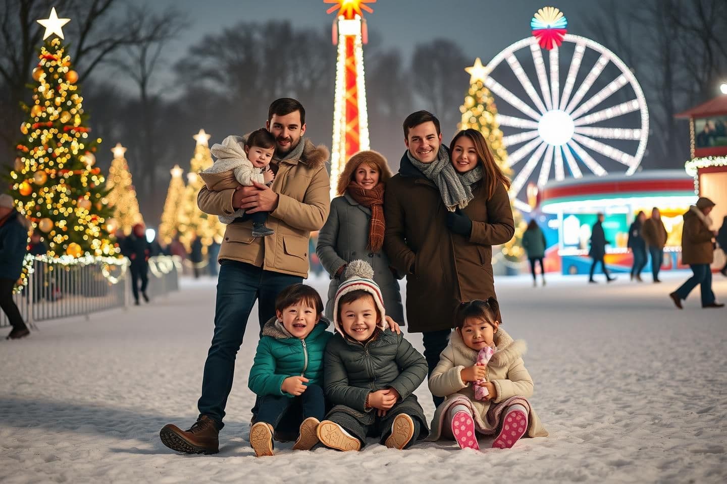 AI generated: A winter family scene at Hyde Park Winter Wonderland in London.
A 26-year-old father is standing, holding his 2-year-old child in his arms. Next to him stands his 22-year-old wife.
