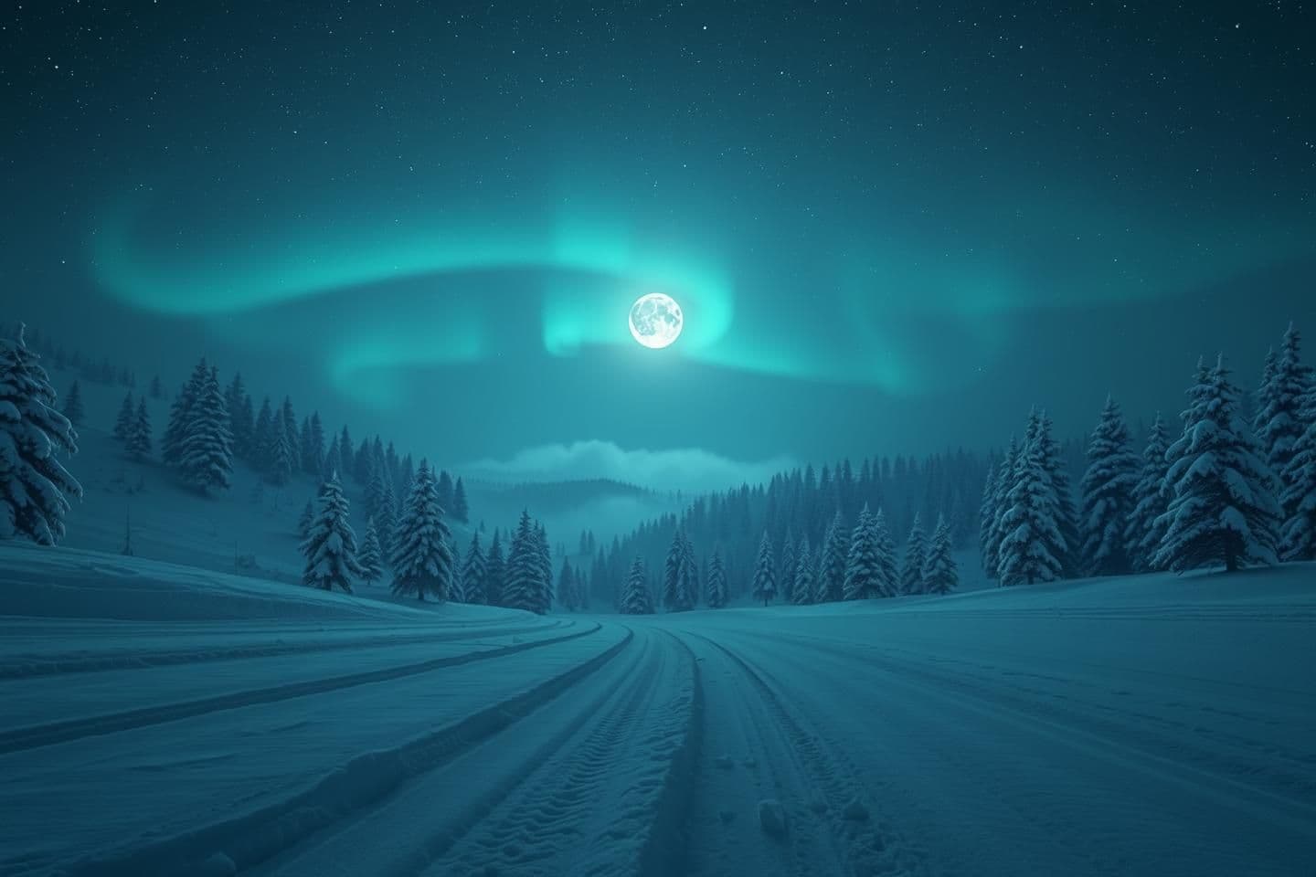 AI generated: Ultra‑HD 8K hyper‑realistic winter valley at night, soft snowfall, bioluminescent snow crystals glowing faint cyan, distant pine forest silhouettes, subtle aurora ribbons forming a