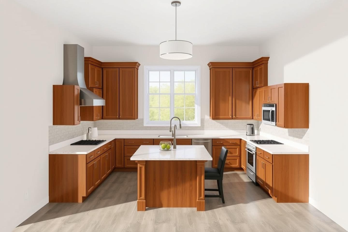 AI generated: L-shaped layout for 17x12.5dimensions with countertop, slabs, cabinets and closets
Description: This layout uses two adjacent walls, leaving the other two walls open for a dining