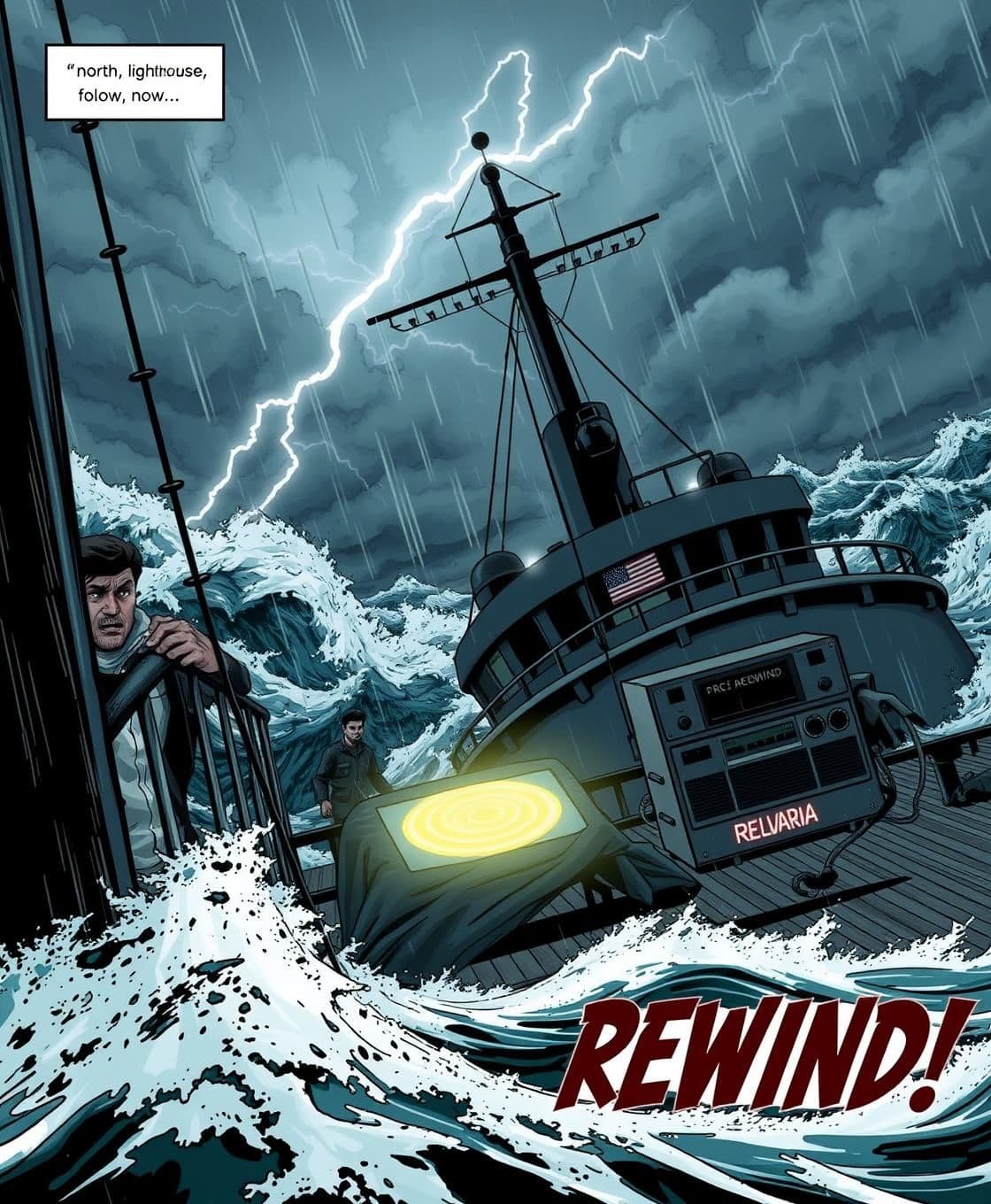 AI generated: A tense stormy sea scene with a 1940s military ship (the Belvaria) in heavy waves, tilting and shaking. Dark clouds fill the sky, lightning flashes, and rain lashes the deck. A wor