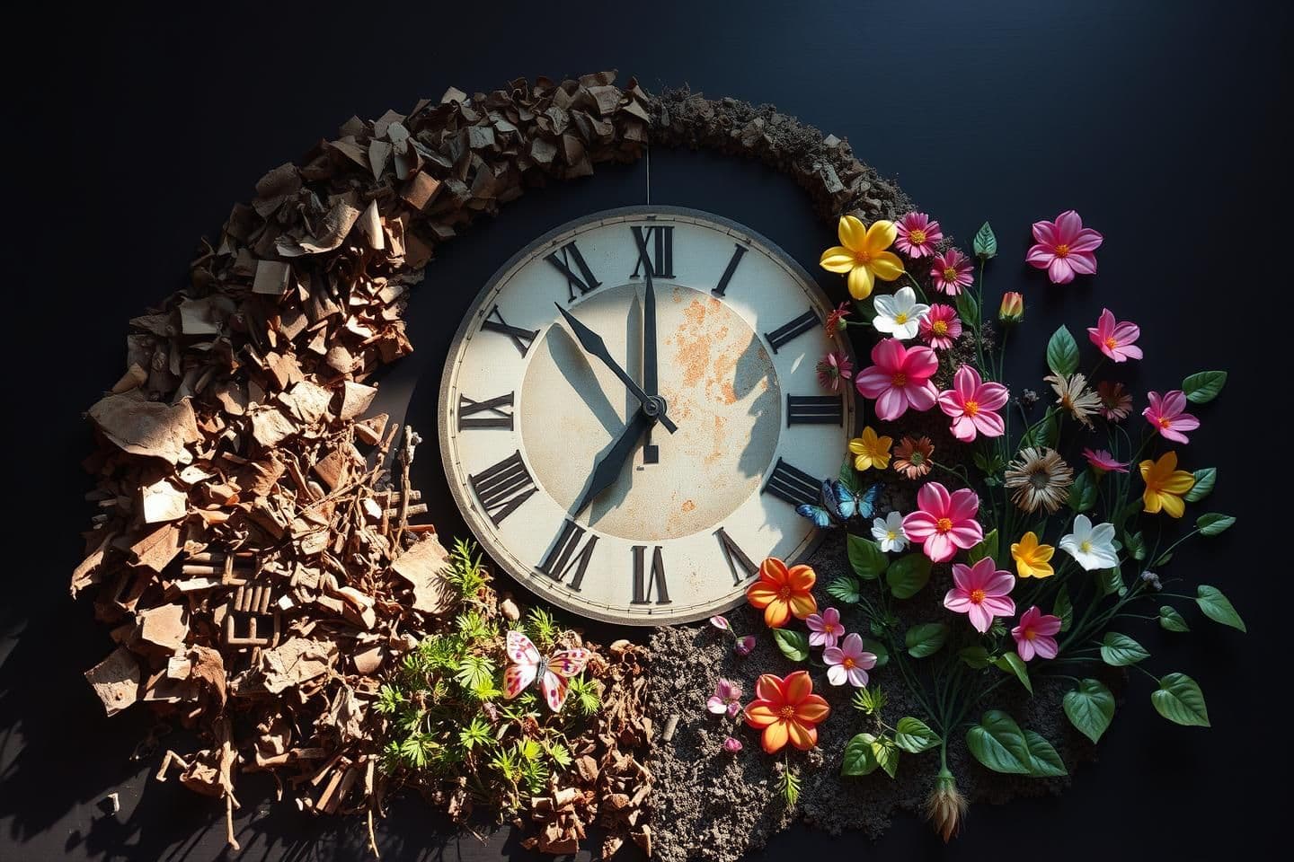 AI generated: symbolic art installation called “Garden of Time.” A large circular clock in the center, split into two halves. The left side represents decay: dark, broken waste materials, rusty