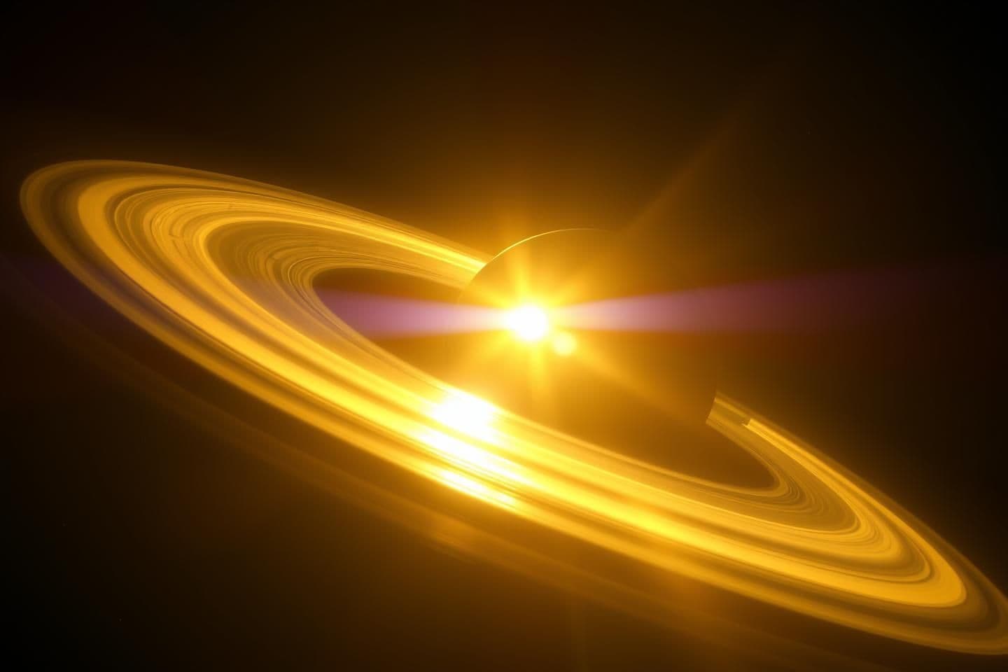 AI generated: A majestic cinematic view of Saturn and its glowing rings as the Pioneer spacecraft approaches. The golden sunlight reflects beautifully off the icy rings, creating a breathtaking