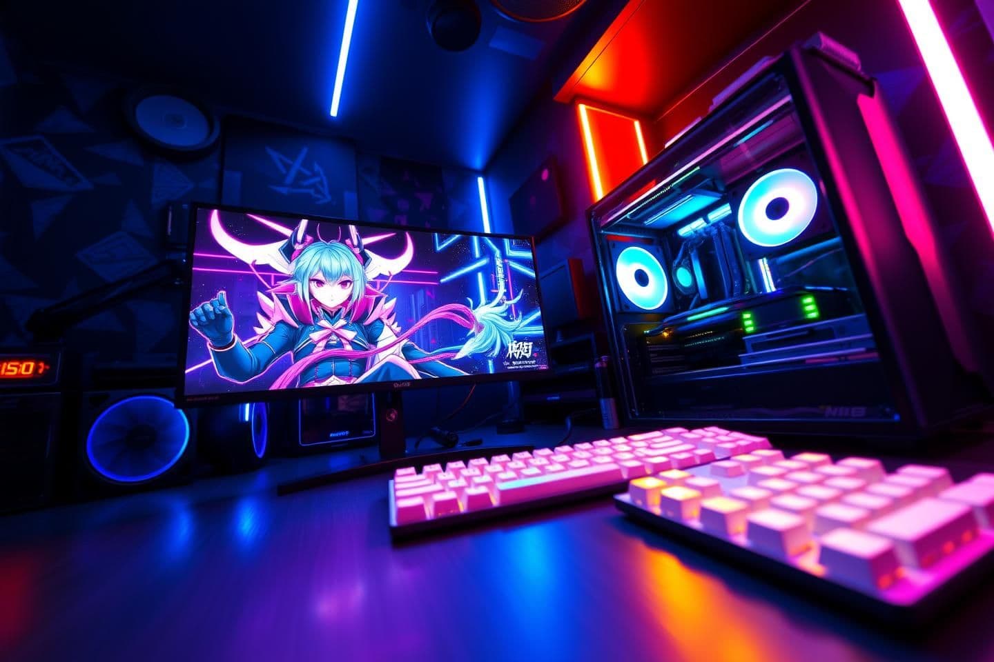 AI generated: A visually stunning, high-contrast, cinematic, 9:16 portrait view of an ultimate aesthetic gaming PC setup, specifically optimized for 'Speed Kings' video editing style and viral Y