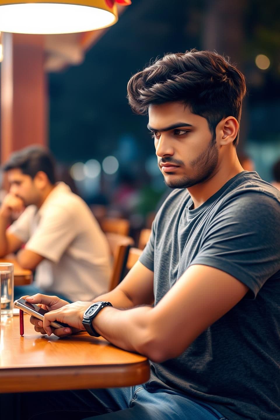 AI generated: Ultra-realistic medium shot of Aarav (22) sitting casually with friends at an outdoor café.
Aarav has short textured black hair, light stubble, olive skin tone, medium build, weari