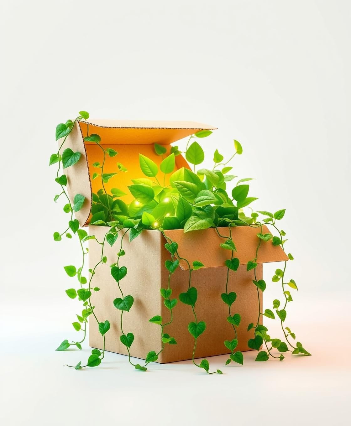AI generated: A cinematic 3D macro shot of a brown cardboard packaging box transforming into lush green leaves and vines. The box is opening to reveal glowing nature energy. Concept: "Sustainabl