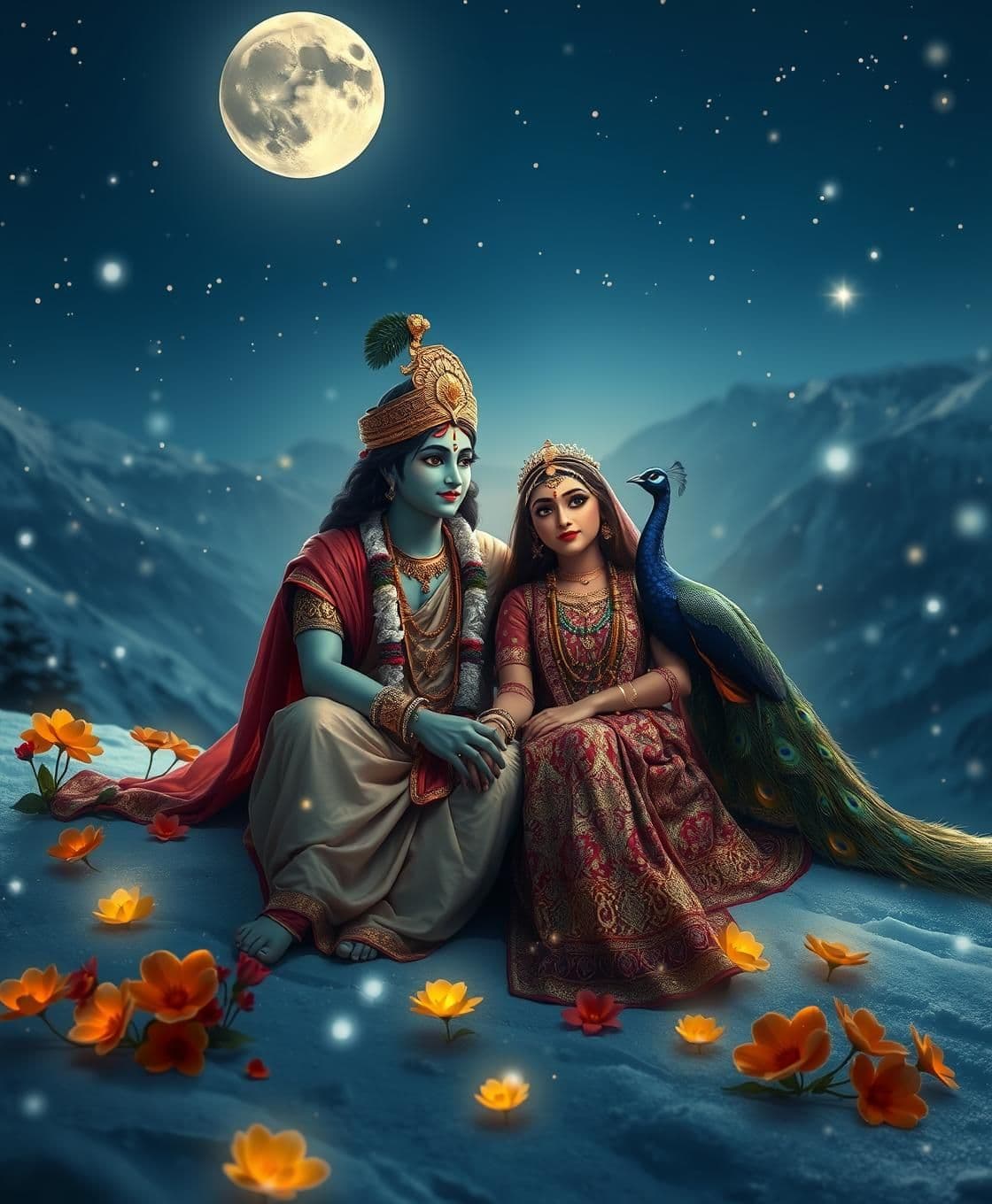 AI generated:
“Radha and Krishna sitting together in the snowy mountains of Kashmir, surrounded by soft falling snow. A beautiful peacock stands nearby with its feathers slightly open. The area