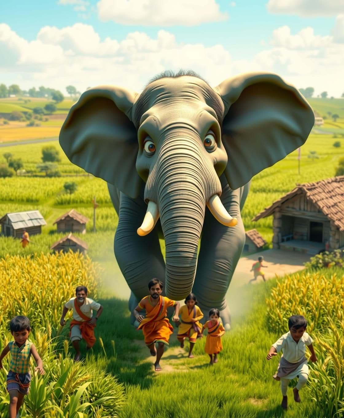 AI generated: A huge 3D cartoonish elephant suddenly entering a green Indian village farm, villagers running away in fear, fields of wheat and huts in background, bright sunny day, rural Indian