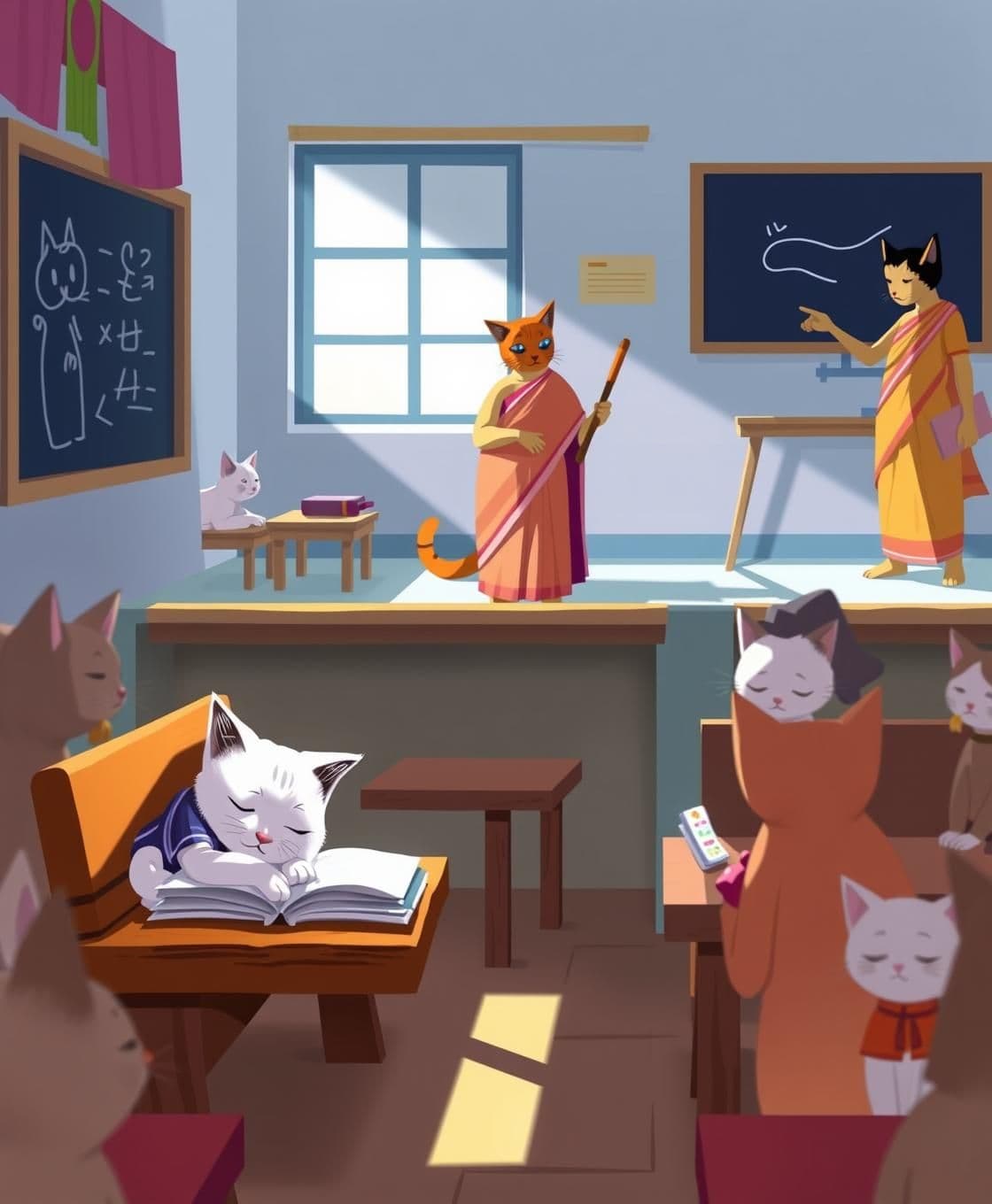 AI generated: Scene 1: Inside a bright classroom, a small white cat baby wearing a blue school uniform is asleep on a wooden bench, head resting on open books. Around her, other cat students whi