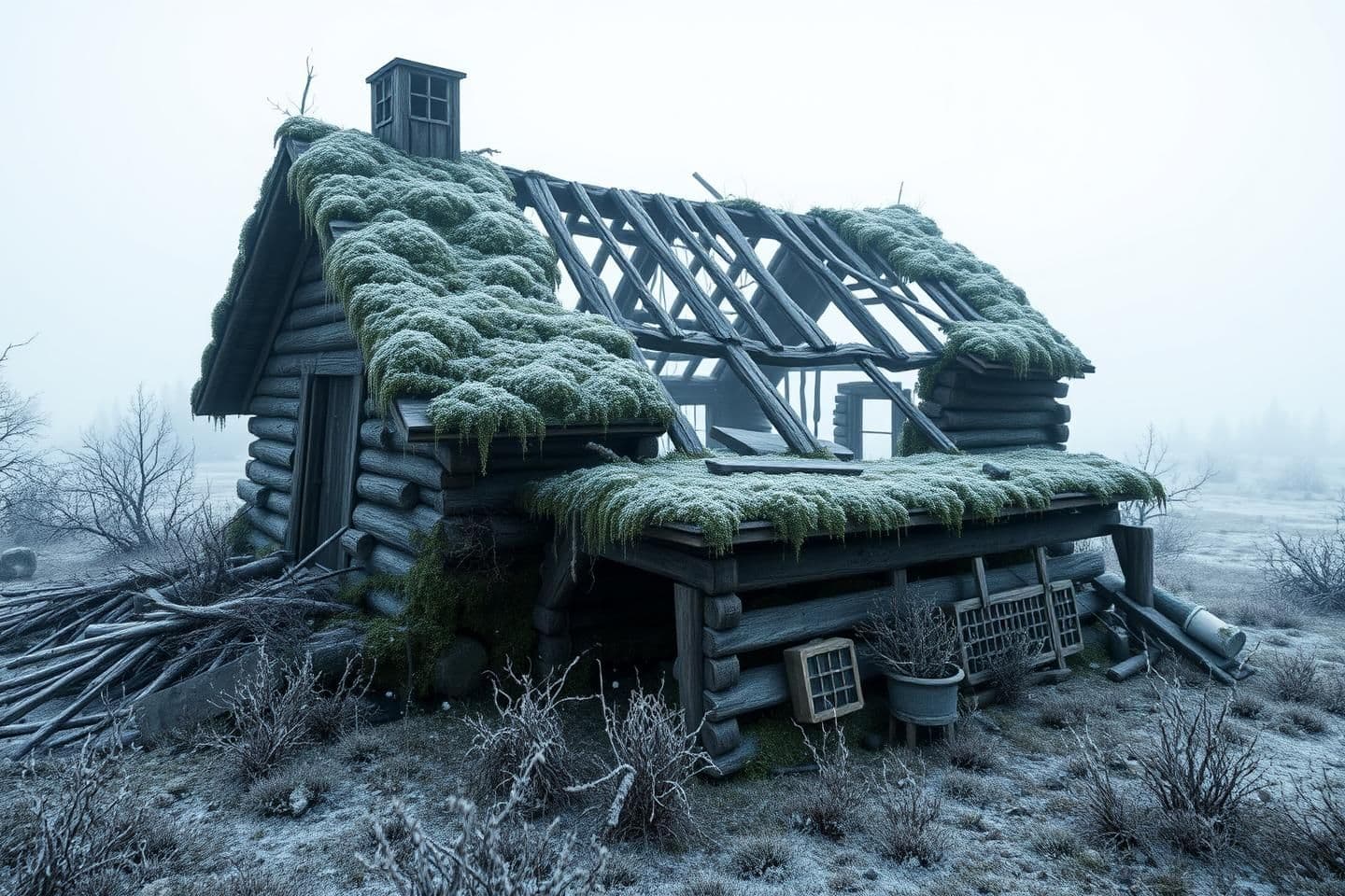 AI generated: A highly stylized 3D render of a remote, overgrown structure half-sunken into northern wilderness, its collapsed roof barely visible under moss and frost, with no characters presen