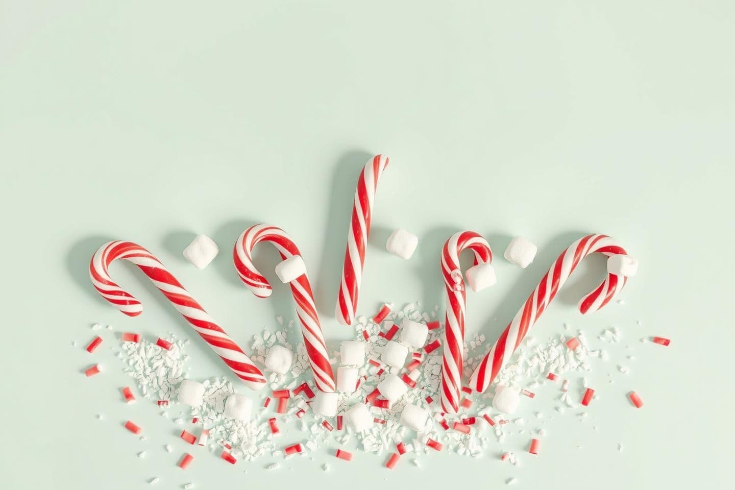 AI generated: Photorealistic playful Christmas flat-lay background on pastel mint surface: candy canes arranged like smiley faces, tiny marshmallows “eyes”, sprinkled confetti like snow, soft st
