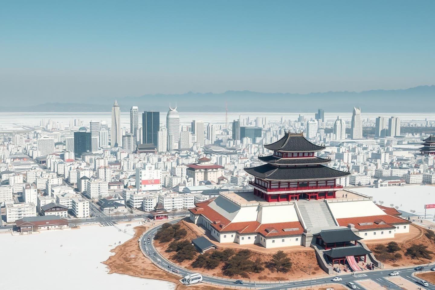 AI generated: Make an image of a massive city in a vast salt flat. This city should have modern buildings with slight hints of traditional Japanese architecture. Make sure it is lively and has a