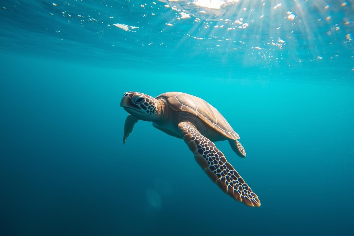 AI generated: A highly realistic underwater photography scene featuring a graceful sea turtle swimming in clear deep-blue ocean water. Bright natural sunlight rays coming from above, soft shadow