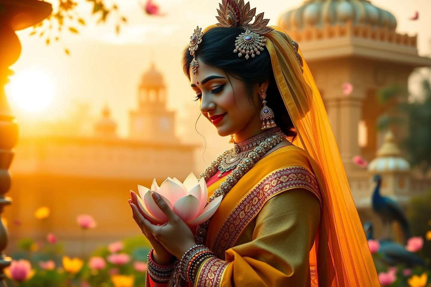 AI generated: A serene devotional cinematic background for 16:9 video editing, Radha Rani standing gracefully, divine glowing aura, soft golden sunrise light, Vrindavan temple background, peacoc