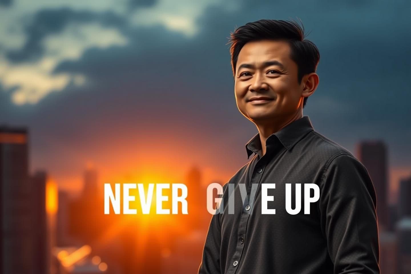 AI generated: Jack Ma standing confidently in a dramatic cinematic scene, glowing sunrise behind him, motivational energy, city skyline blurred in background, bold English text “NEVER GIVE UP” i
