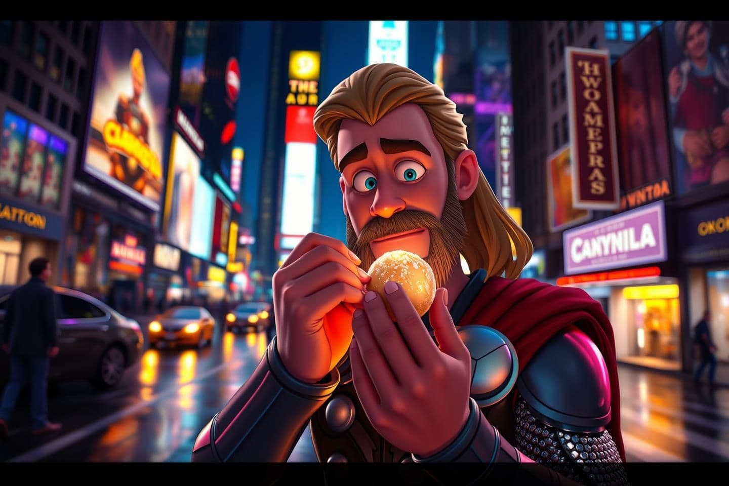 AI generated: Thor eating a traditional Indian laddu in the middle of New York City Times Square at night, ultra-realistic cinematic cartoon style, glowing neon lights, soft rim lighting on Thor