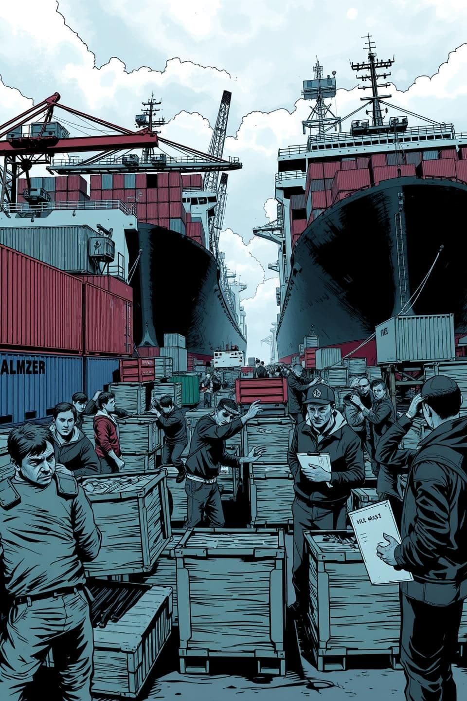 AI generated: A tense and gritty comic-style scene set at a bustling harbor dock. The illustration shows workers unloading crates from ships while supervisors stand by, barking orders. The worke