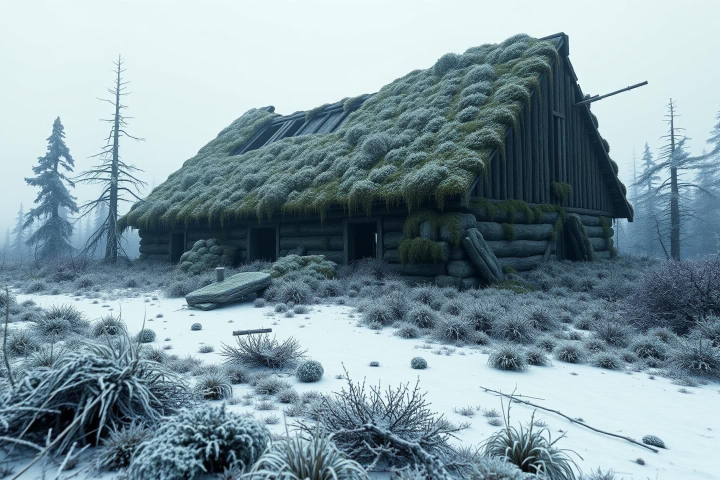 AI generated: A highly stylized 3D render of a remote, overgrown structure half-sunken into northern wilderness, its collapsed roof barely visible under moss and frost, with no characters presen