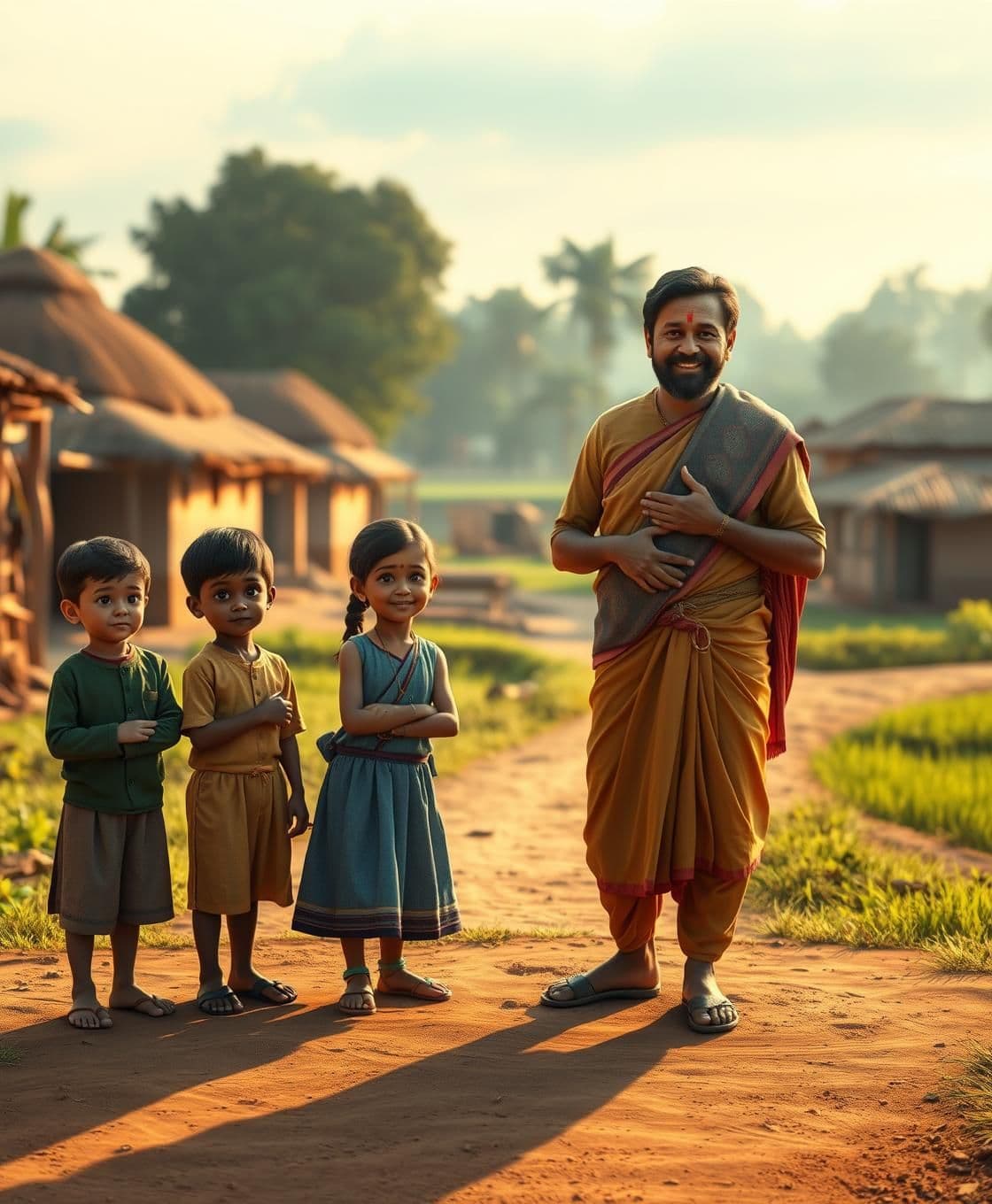 AI generated: A beautiful rural Indian village scene in warm golden sunlight. A line of children standing from youngest to oldest, showing clear growth stages — a small toddler, then a slightly