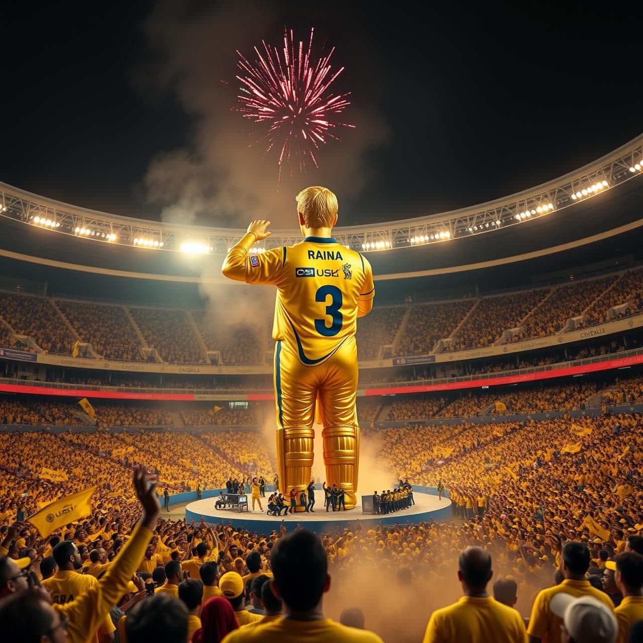 AI generated: "Cinematic inauguration scene of a massive lefty golden idol of Suresh Raina wearing the CSK yellow jersey (Number 3). ldol placed at center of Chepauk stadium. Full stadium crowd
