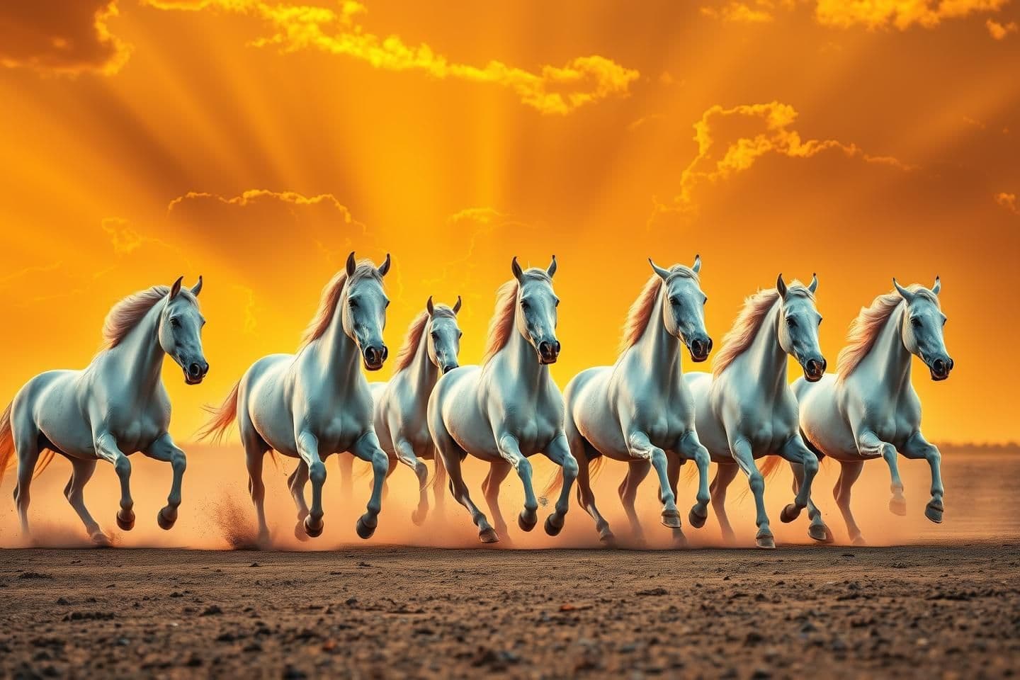 AI generated: Seven white horses running together in formation, bright golden-orange sunset sky, dramatic clouds with yellow light rays, vibrant warm colors, dust rising from the ground as they