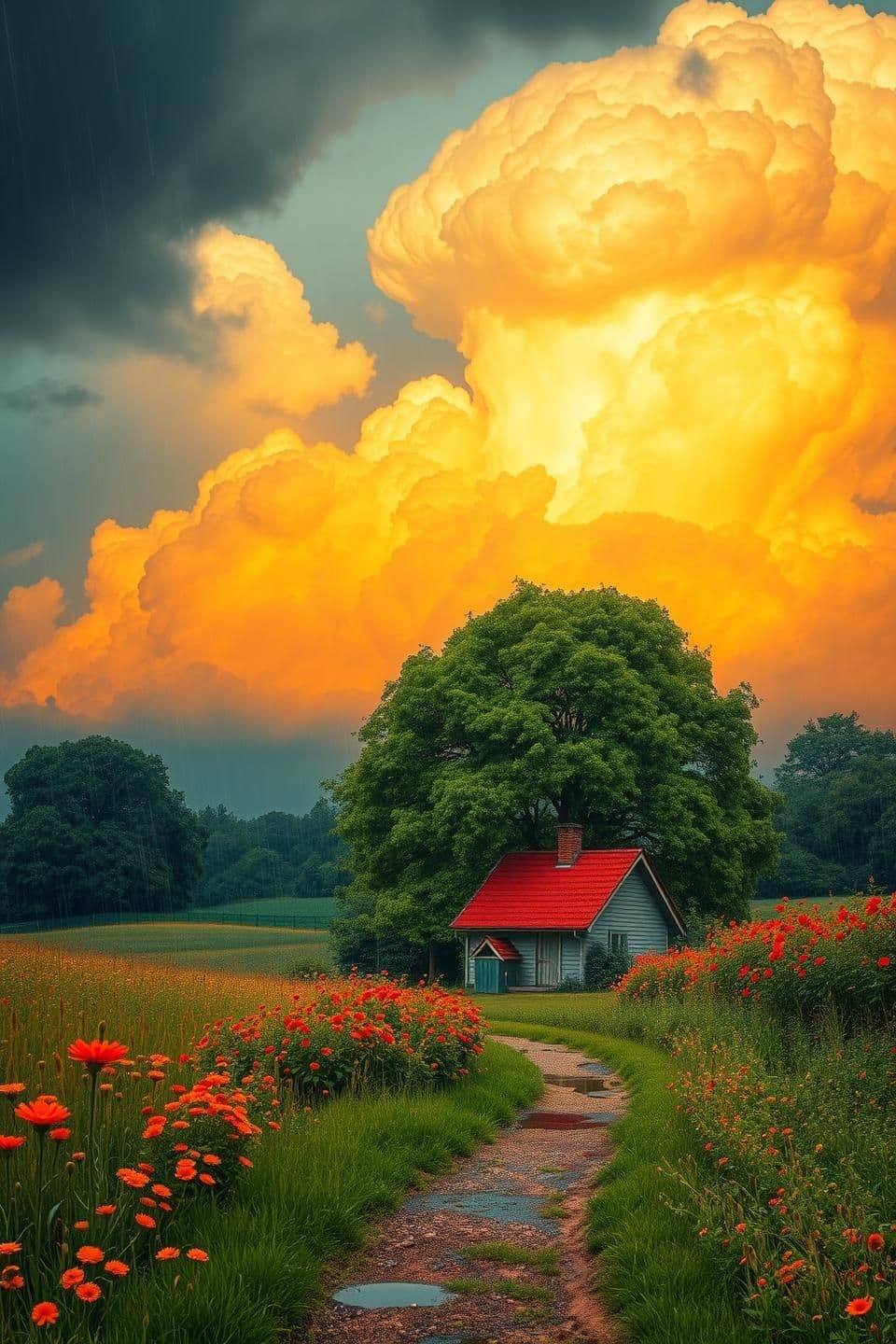 AI generated: Create a landscape of a serene countryside scene during a gentle summer rain. A cozy cottage with a red roof is nestled near a large, lush green tree. The sky is filled with dramat