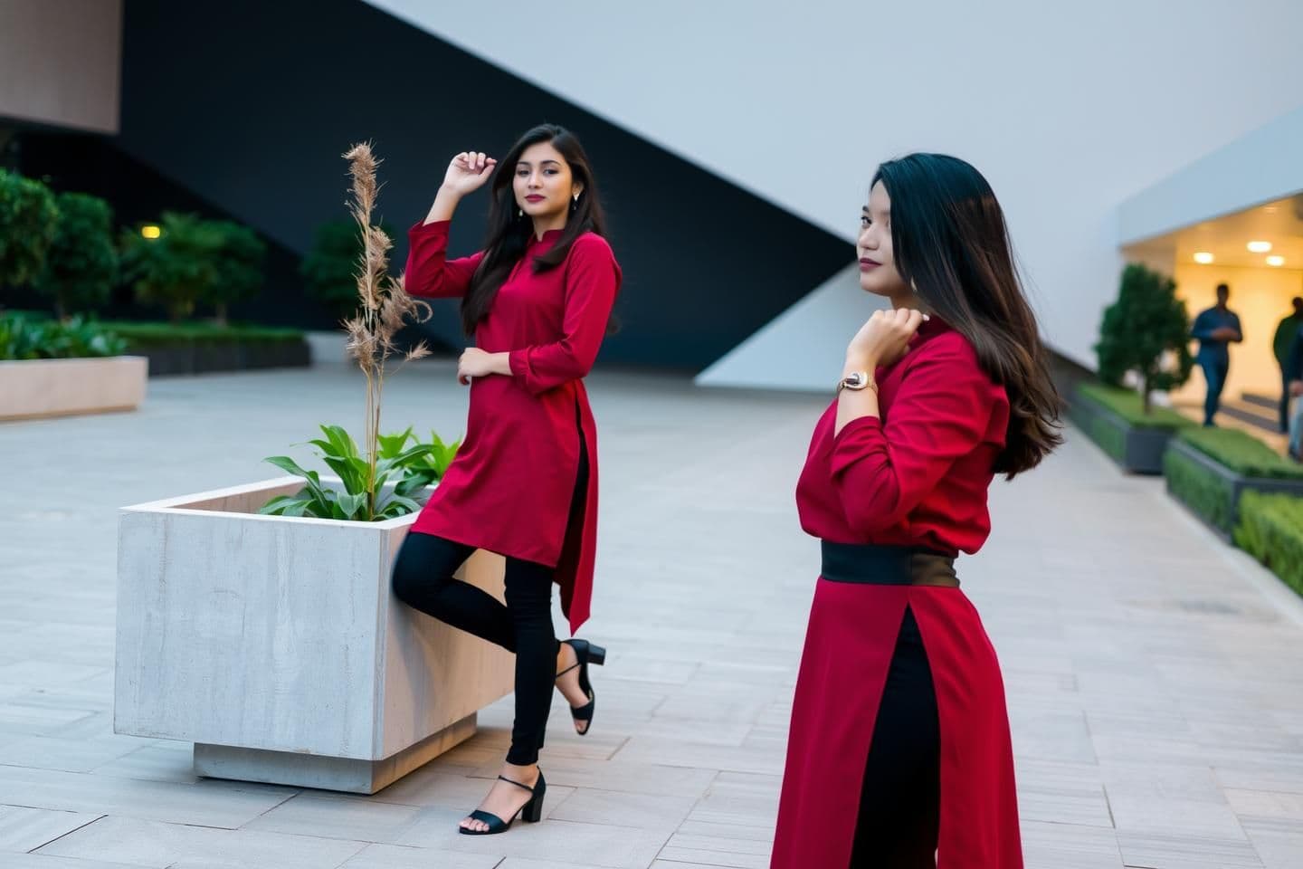 AI generated: Pose: Ladki ek minimalist concrete planter ke paas khadi hai, thoda aage jhukkar usmein lagay gaye plants ko dekh rahi hai, lekin sir utha kar camera ki taraf dekh rahi hai, haath