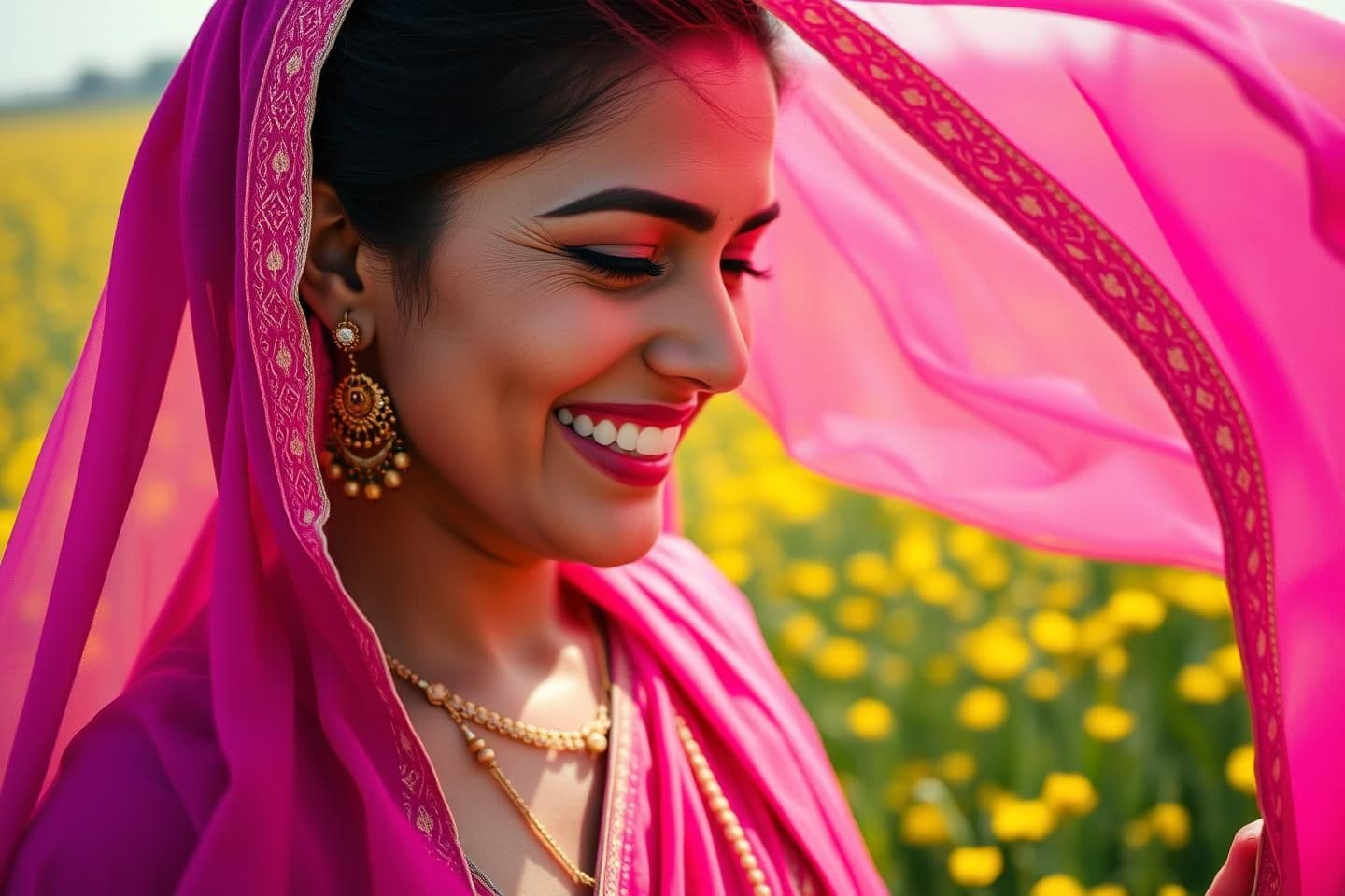 AI generated: A beautiful Indian woman wearing a fuchsia patiala salwar kameez. The dupatta is rich with vibrant Phulkari embroidery. She wears large, dangling gold jhumkas and a single braided